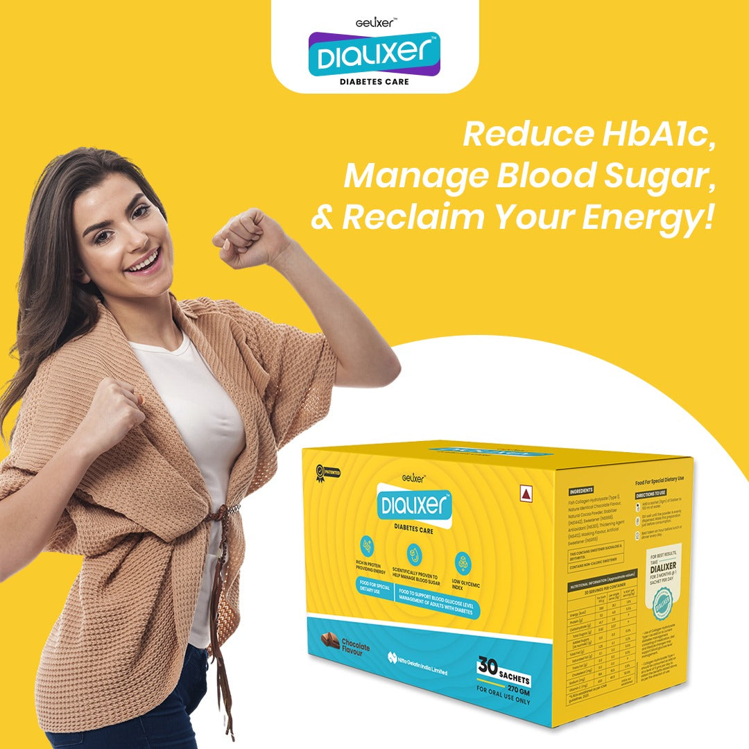 Dialixer for Diabetes Care. Patented, scientifically designed protein formula to help manage blood sugar. (Chocolate flavour) 270 gm - 9 gm each in 30 Sachets