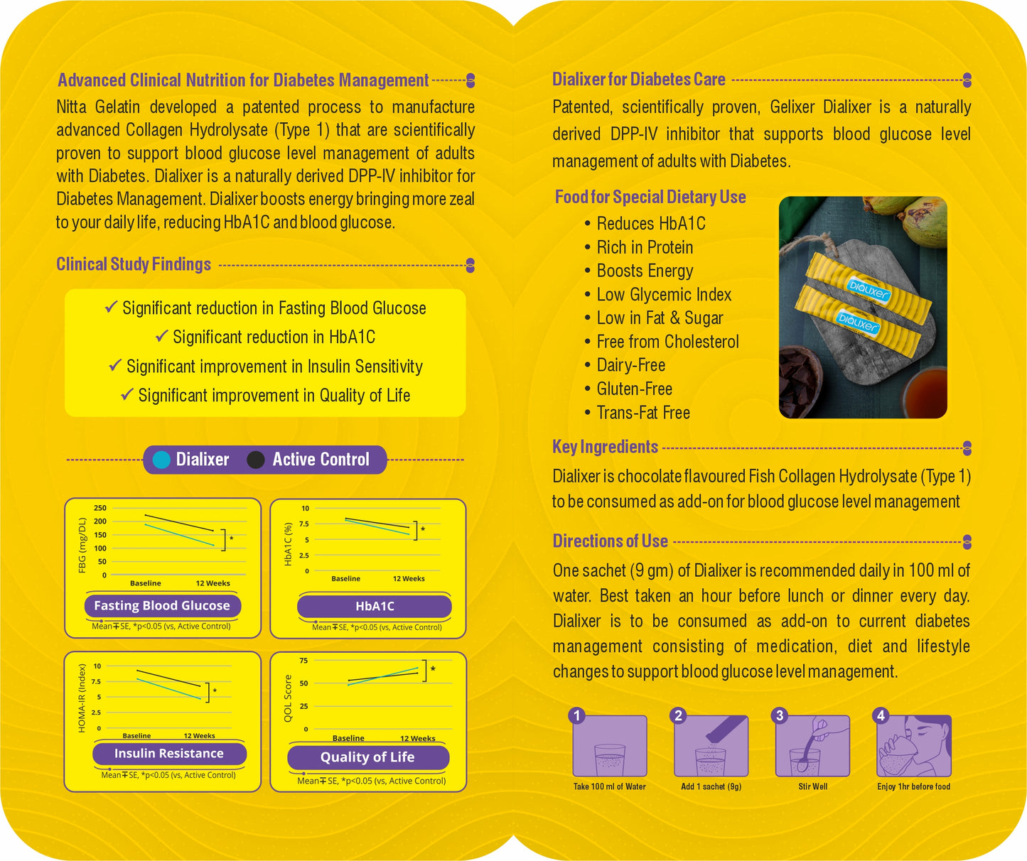 Dialixer for Diabetes Care. Patented, scientifically designed protein formula to help manage blood sugar. (Chocolate flavour) 270 gm - 9 gm each in 30 Sachets